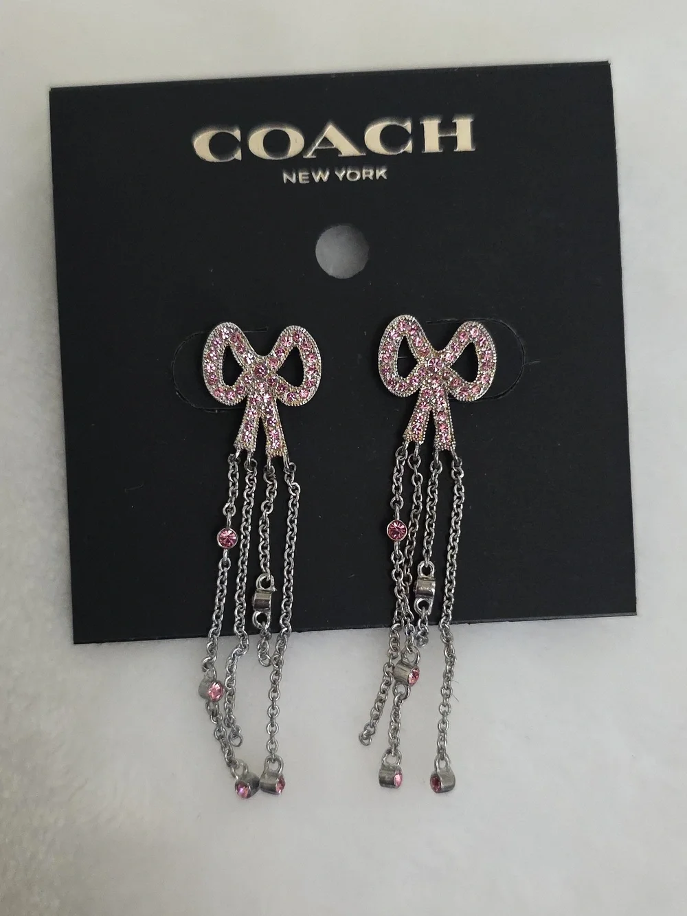 NWT COACH Pink Crystals Pave Silver Stainless Steel Bow Fringe Stud Earrings